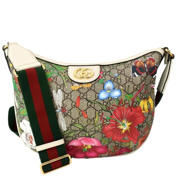 GUCCI Ophidia Half Moon Small Flora GG Canvas Hobo Bag Beige